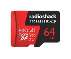 4401151 - RadioShack Micro SD Card, Class 10, U3, V30, A1, 64GB, transfer speeds up to 100MB/s, 4K UHD