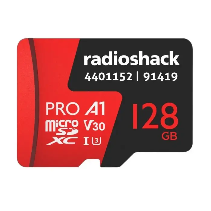 4401152 - RadioShack Micro SDXC Card U3, V30, 128GB, transfer speeds of up to 100MB/s, 4K UHD