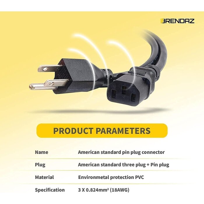 24240 - BRENDAZ Universal AC Power Cable - 3ft 3-Prong PC Power Cord Replacement for Computer, Monitor, Scanner, Printer, TV- IEC 320 C13 to NEMA 5-15P, 18awg, 125V 10 Amp (3-Feet)