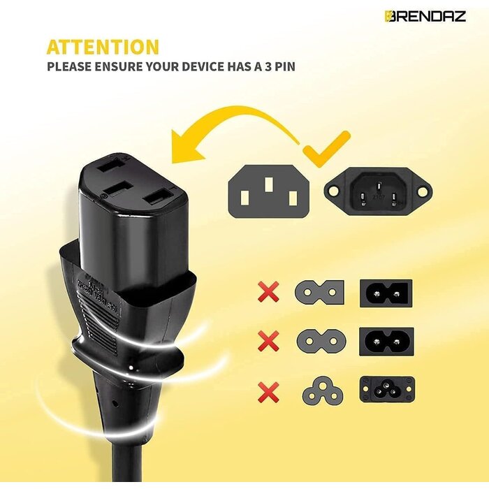 24240 - BRENDAZ Universal AC Power Cable - 3ft 3-Prong PC Power Cord Replacement for Computer, Monitor, Scanner, Printer, TV- IEC 320 C13 to NEMA 5-15P, 18awg, 125V 10 Amp (3-Feet)