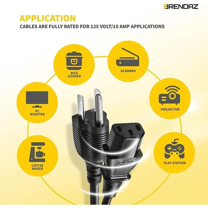 24240 - BRENDAZ Universal AC Power Cable - 3ft 3-Prong PC Power Cord Replacement for Computer, Monitor, Scanner, Printer, TV- IEC 320 C13 to NEMA 5-15P, 18awg, 125V 10 Amp (3-Feet)