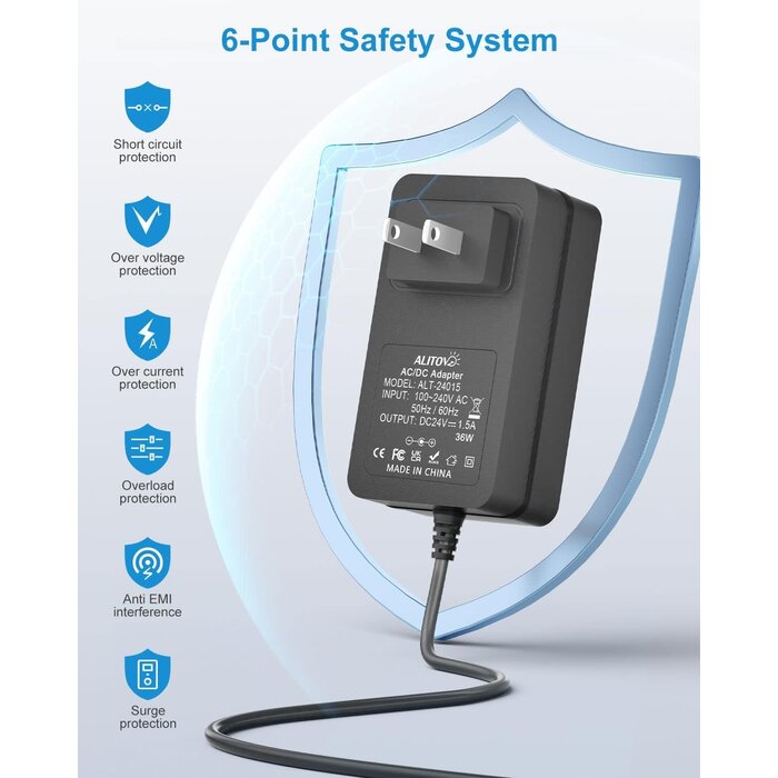 ALITOVE 36 Watt 24V DC Power Supply 1.5A 1A AC Adapter, for LED Strip Light CCTV Camera Diffuser Humidifier Speaker Air Cleaner, Compatible with 24Volt 1000mA 800mA 500mA Devices, with 5.5 x 2.1 mm Tip.