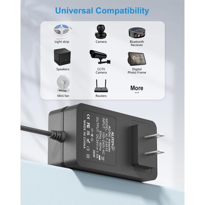 ALITOVE 36 Watt 24V DC Power Supply 1.5A 1A AC Adapter, for LED Strip Light CCTV Camera Diffuser Humidifier Speaker Air Cleaner, Compatible with 24Volt 1000mA 800mA 500mA Devices, with 5.5 x 2.1 mm Tip.