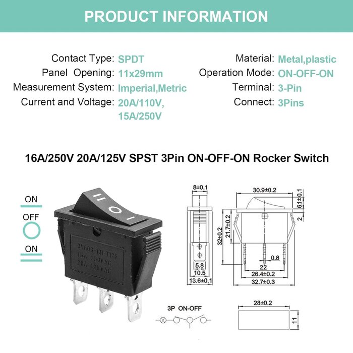 DDD621 - Bstenky Rocker Switch 3 Pins 3 Position Latching ON/Off/ON AC 20A/125V 16A/250V SPDT Car Boat Black Toggle Rocker Switch KCD3