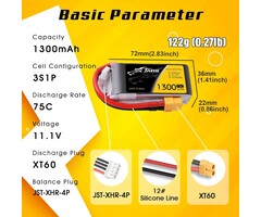 11.1V-3S-1300mAh-XT60 - TATTU 11.1V 1300mAh 75C 3S LiPo Battery Pack with XT60 Plug