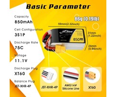 11.1V-3S-850mAh-XT60 - TATTU 850mAh 11.1V 75C 3S LiPo Battery Pack with XT60 Plug