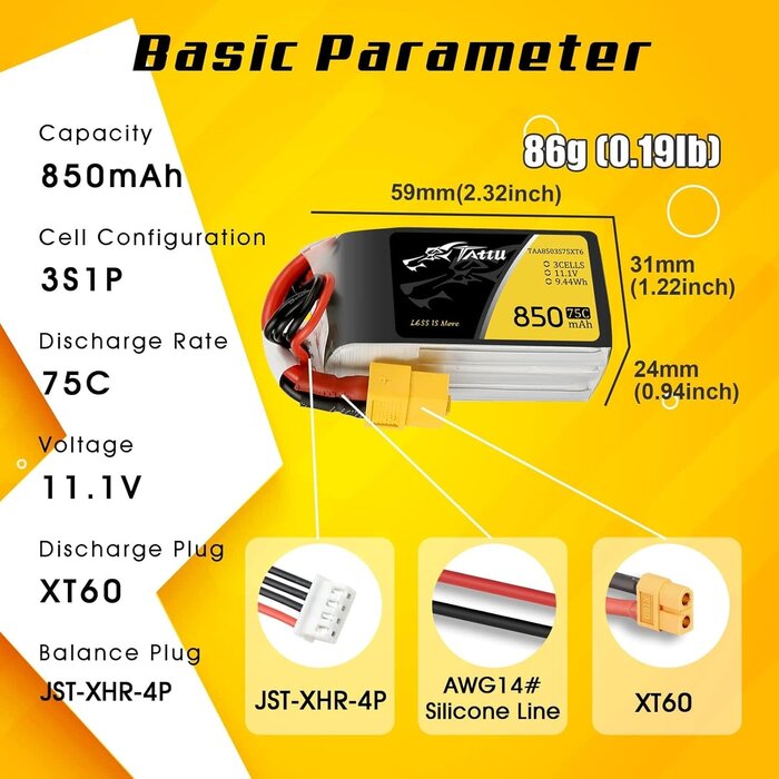 11.1V-3S-850mAh-XT60 - TATTU 850mAh 11.1V 75C 3S LiPo Battery Pack with XT60 Plug