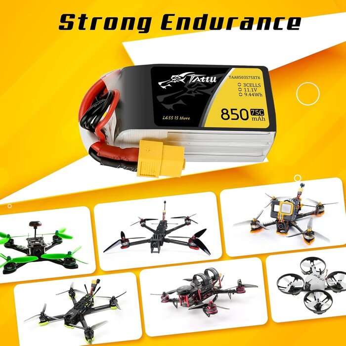 11.1V-3S-850mAh-XT60 - TATTU 850mAh 11.1V 75C 3S LiPo Battery Pack with XT60 Plug