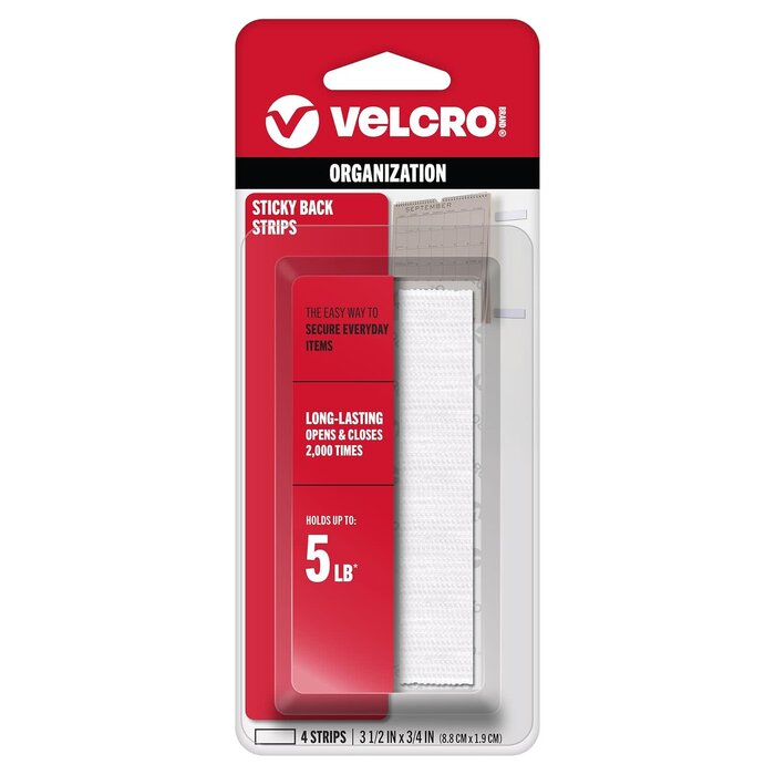 VEL90076 - VELCRO Brand - Sticky Back Hook and Loop Fasteners | Perfect for Home or Office | 3 1/2in x 3/4in Strips | Pack of 4 | White