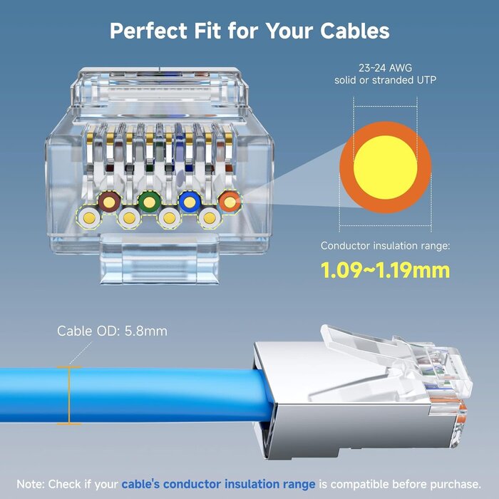 SHIELDED-RJ45-CAT6 - Cable Matters Cat 6A Shielded Pass Through RJ45 Connectors, 50µ Gold Plated, Max. Wire OD 1.19mm (Cat6A Ends/Shielded RJ45 Connector/Ethernet Ends) for Solid or Stranded S/FTP Cable