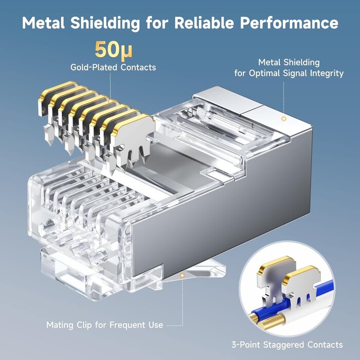 SHIELDED-RJ45-CAT6 - Cable Matters Cat 6A Shielded Pass Through RJ45 Connectors, 50µ Gold Plated, Max. Wire OD 1.19mm (Cat6A Ends/Shielded RJ45 Connector/Ethernet Ends) for Solid or Stranded S/FTP Cable