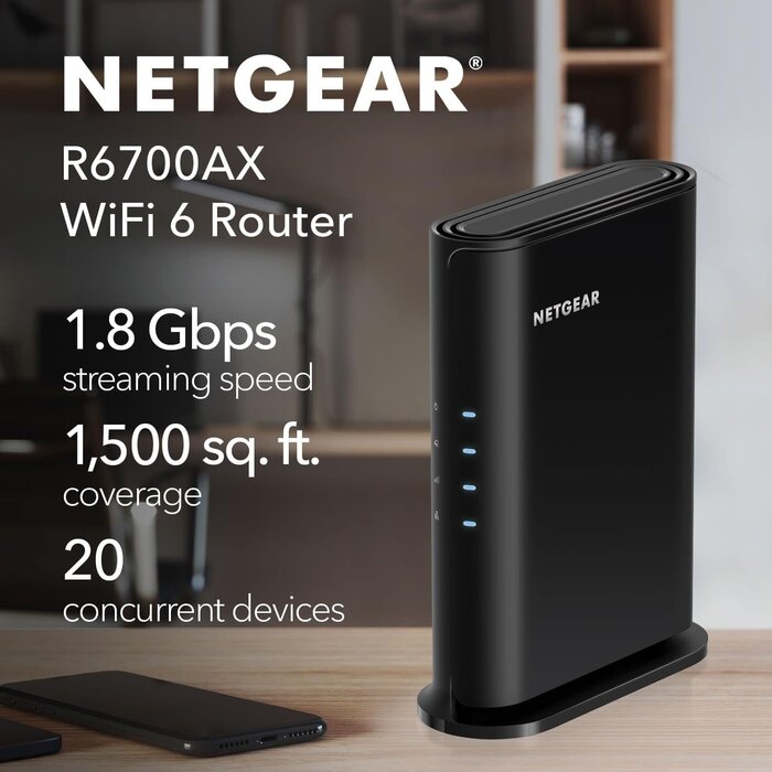 R6700AX - NETGEAR 4-Stream WiFi 6 Router (R6700AX) – Router Only, AX1800 Wireless Speed (Up to 1.8 Gbps), Covers up to 1,500 sq. ft., 20 Devices – Free Expert Help