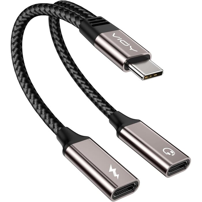 TC06 - VIOY USB-C Splitter 1 in 2 Out, Dual USB-C Headphone and Charger Adapter with PD 60W Fast Charging and Data Transfer for iPhone 16/15 Pro, iPad Pro, Samsung Galaxy S22 S21 S20, Pixel
