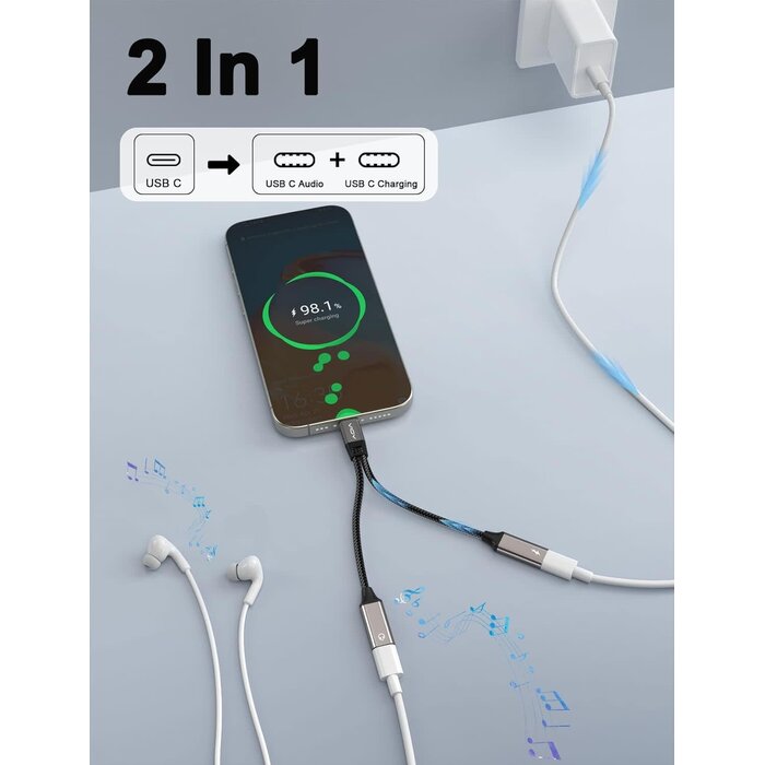 TC06 - VIOY USB-C Splitter 1 in 2 Out, Dual USB-C Headphone and Charger Adapter with PD 60W Fast Charging and Data Transfer for iPhone 16/15 Pro, iPad Pro, Samsung Galaxy S22 S21 S20, Pixel