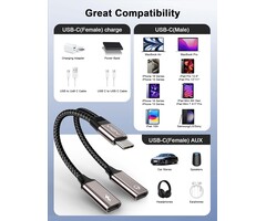 TC06 - VIOY USB-C Splitter 1 in 2 Out, Dual USB-C Headphone and Charger Adapter with PD 60W Fast Charging and Data Transfer for iPhone 16/15 Pro, iPad Pro, Samsung Galaxy S22 S21 S20, Pixel