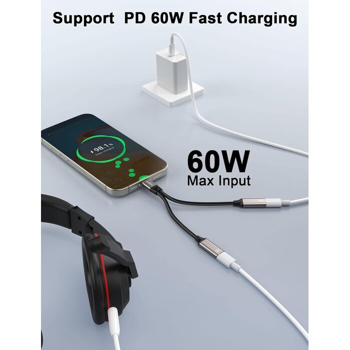 TC06 - VIOY USB-C Splitter 1 in 2 Out, Dual USB-C Headphone and Charger Adapter with PD 60W Fast Charging and Data Transfer for iPhone 16/15 Pro, iPad Pro, Samsung Galaxy S22 S21 S20, Pixel