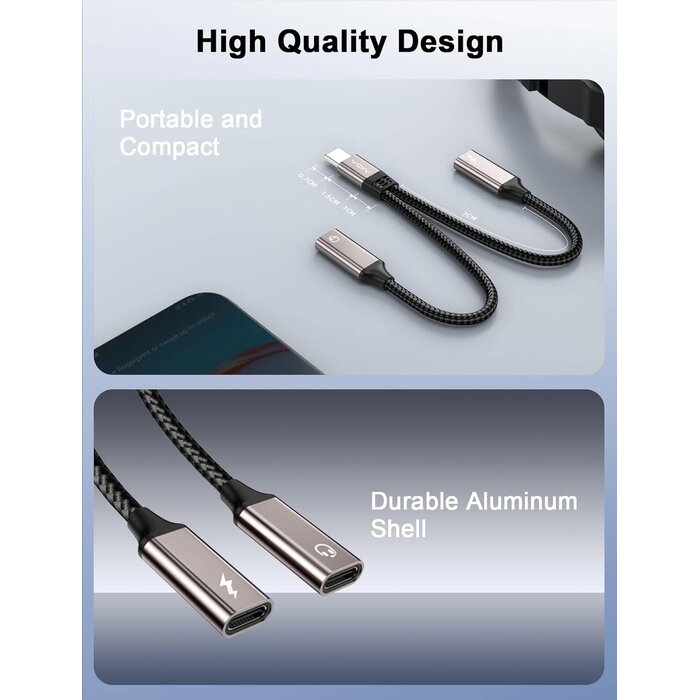 TC06 - VIOY USB-C Splitter 1 in 2 Out, Dual USB-C Headphone and Charger Adapter with PD 60W Fast Charging and Data Transfer for iPhone 16/15 Pro, iPad Pro, Samsung Galaxy S22 S21 S20, Pixel