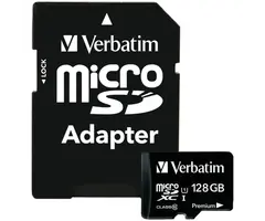 Verbatim VTM44085 - Verbatim® 128GB Class 10, UHS-I, Premium microSDXC™ Card with Adapter, Up to 45 Mbps read speed