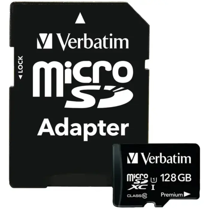 Verbatim VTM44085 - Verbatim® 128GB Class 10, UHS-I, Premium microSDXC™ Card with Adapter, Up to 45 Mbps read speed
