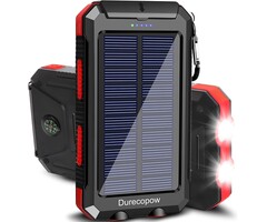 Rasbes S1008D - Durecopow Solar Charger Power Bank, 20,000mAh Portable Outdoor Waterproof Solar Battery Charger, Camping External Backup Battery Pack USB C Ports Input/Output, 2 Led Light Flashlight with Compass (Red)