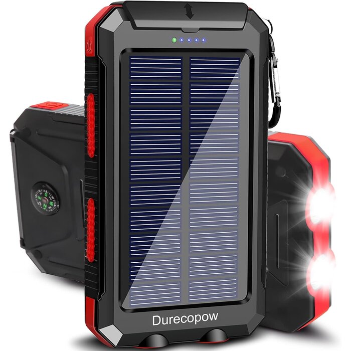 Rasbes S1008D - Durecopow Solar Charger Power Bank, 20,000mAh Portable Outdoor Waterproof Solar Battery Charger, Camping External Backup Battery Pack USB C Ports Input/Output, 2 Led Light Flashlight with Compass (Red)