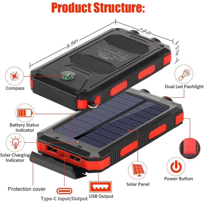 Rasbes S1008D - Durecopow Solar Charger Power Bank, 20,000mAh Portable Outdoor Waterproof Solar Battery Charger, Camping External Backup Battery Pack USB C Ports Input/Output, 2 Led Light Flashlight with Compass (Red)