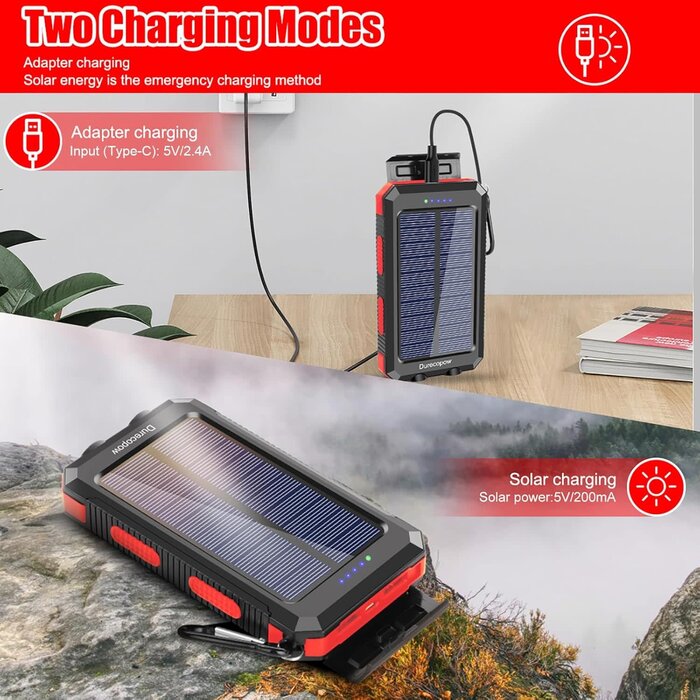 Rasbes S1008D - Durecopow Solar Charger Power Bank, 20,000mAh Portable Outdoor Waterproof Solar Battery Charger, Camping External Backup Battery Pack USB C Ports Input/Output, 2 Led Light Flashlight with Compass (Red)