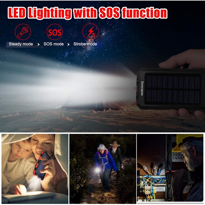 Rasbes S1008D - Durecopow Solar Charger Power Bank, 20,000mAh Portable Outdoor Waterproof Solar Battery Charger, Camping External Backup Battery Pack USB C Ports Input/Output, 2 Led Light Flashlight with Compass (Red)