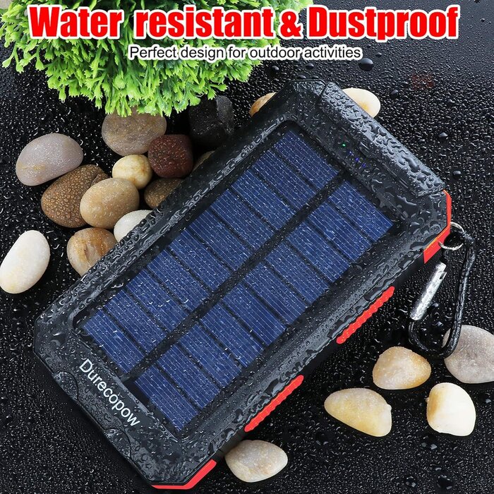 Rasbes S1008D - Durecopow Solar Charger Power Bank, 20,000mAh Portable Outdoor Waterproof Solar Battery Charger, Camping External Backup Battery Pack USB C Ports Input/Output, 2 Led Light Flashlight with Compass (Red)