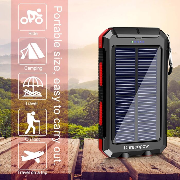 Rasbes S1008D - Durecopow Solar Charger Power Bank, 20,000mAh Portable Outdoor Waterproof Solar Battery Charger, Camping External Backup Battery Pack USB C Ports Input/Output, 2 Led Light Flashlight with Compass (Red)