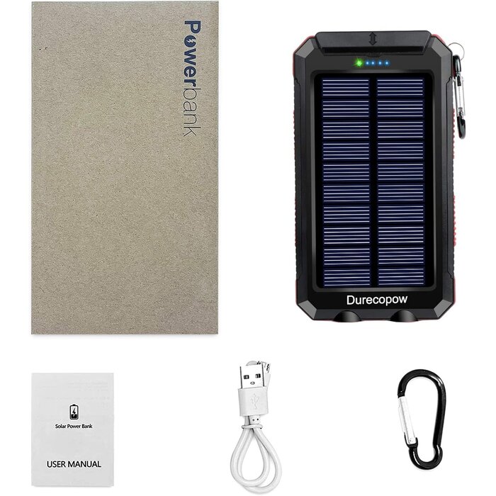 Rasbes S1008D - Durecopow Solar Charger Power Bank, 20,000mAh Portable Outdoor Waterproof Solar Battery Charger, Camping External Backup Battery Pack USB C Ports Input/Output, 2 Led Light Flashlight with Compass (Red)