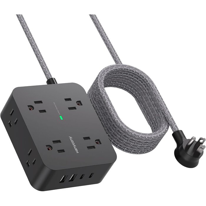 HANYCONY HN8U5WTB - HANYCONY Extension Cord 6 Ft, 1080 Joules Black Surge Protector Power Strip Long Cord 8 Outlets 4 USB Ports(2 USB C), Wall Mount, 1080J Surge Protection, Desk Charging Station for for Home Office Dorm Room Essentials