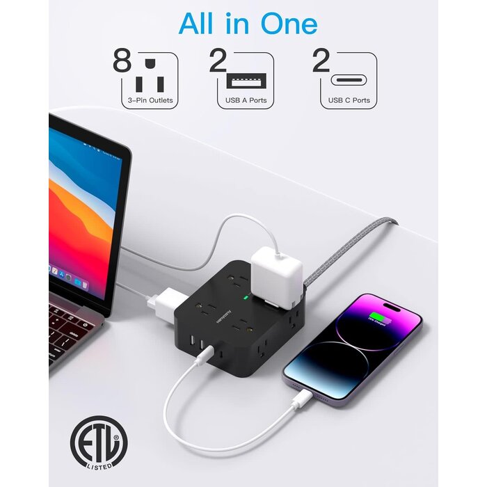 HANYCONY HN8U5WTB - HANYCONY 900 Joules Power Strip Surge Protector, HANYCONY 8 Outlets with 4 USB Charging Ports(2 USB C), 3 Side Outlet Extender with 5 Ft Extension Cord, Flat Plug, Wall Mount, Desk Charging Station for Home Office ETL
