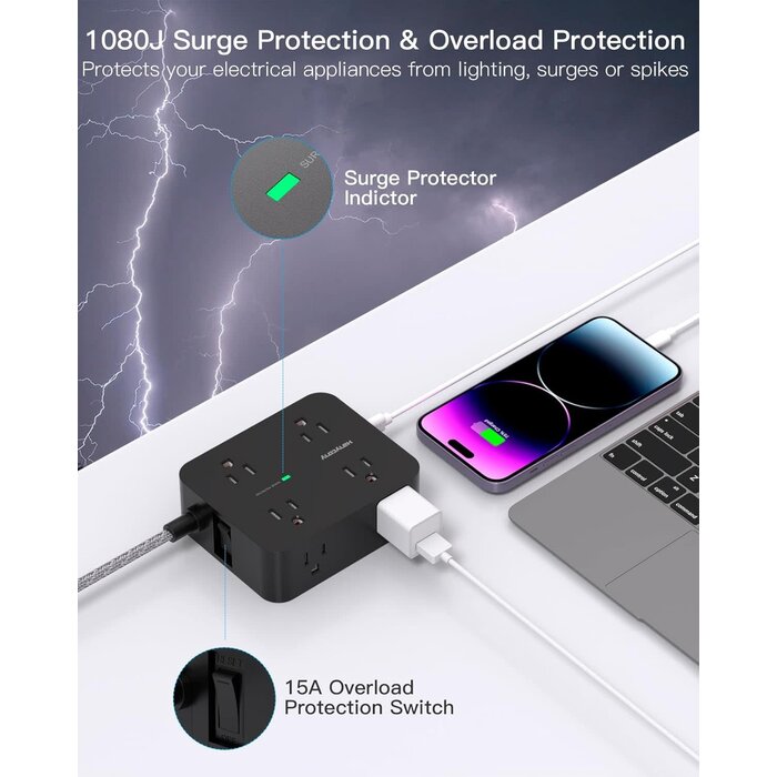 HANYCONY HN8U5WTB - HANYCONY 900 Joules Power Strip Surge Protector, HANYCONY 8 Outlets with 4 USB Charging Ports(2 USB C), 3 Side Outlet Extender with 5 Ft Extension Cord, Flat Plug, Wall Mount, Desk Charging Station for Home Office ETL