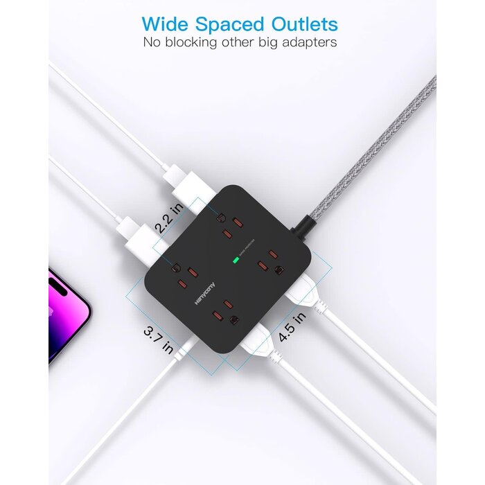 HANYCONY HN8U5WTB - HANYCONY 900 Joules Power Strip Surge Protector, HANYCONY 8 Outlets with 4 USB Charging Ports(2 USB C), 3 Side Outlet Extender with 5 Ft Extension Cord, Flat Plug, Wall Mount, Desk Charging Station for Home Office ETL
