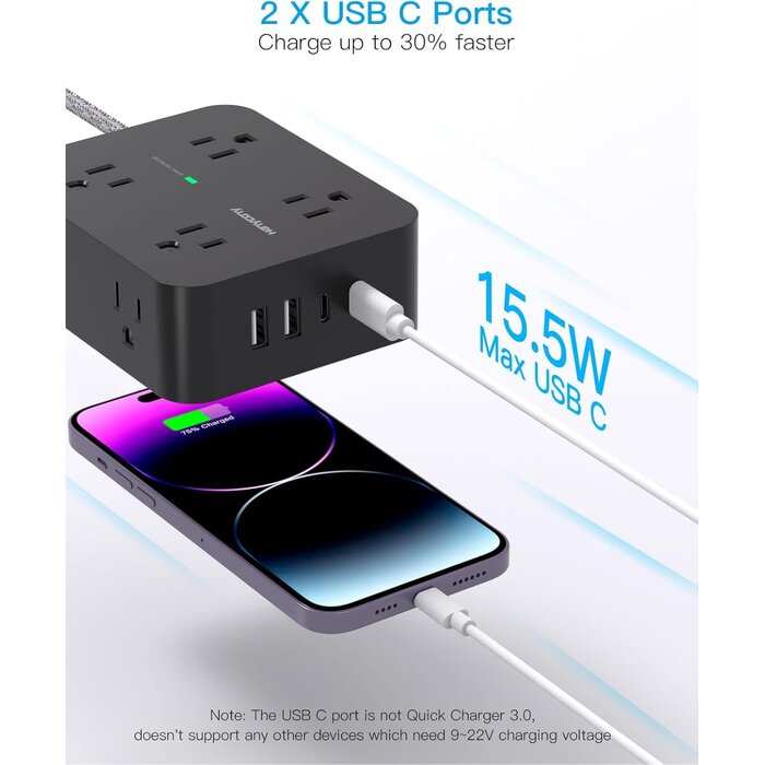 HANYCONY HN8U5WTB - HANYCONY Extension Cord 6 Ft, 1080 Joules Black Surge Protector Power Strip Long Cord 8 Outlets 4 USB Ports(2 USB C), Wall Mount, 1080J Surge Protection, Desk Charging Station for for Home Office Dorm Room Essentials