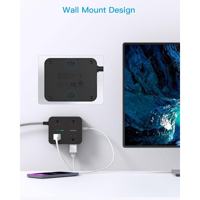HANYCONY HN8U5WTB - HANYCONY Extension Cord 6 Ft, 1080 Joules Black Surge Protector Power Strip Long Cord 8 Outlets 4 USB Ports(2 USB C), Wall Mount, 1080J Surge Protection, Desk Charging Station for for Home Office Dorm Room Essentials