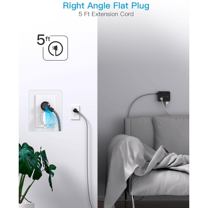 HANYCONY HN8U5WTB - HANYCONY 900 Joules Power Strip Surge Protector, HANYCONY 8 Outlets with 4 USB Charging Ports(2 USB C), 3 Side Outlet Extender with 5 Ft Extension Cord, Flat Plug, Wall Mount, Desk Charging Station for Home Office ETL