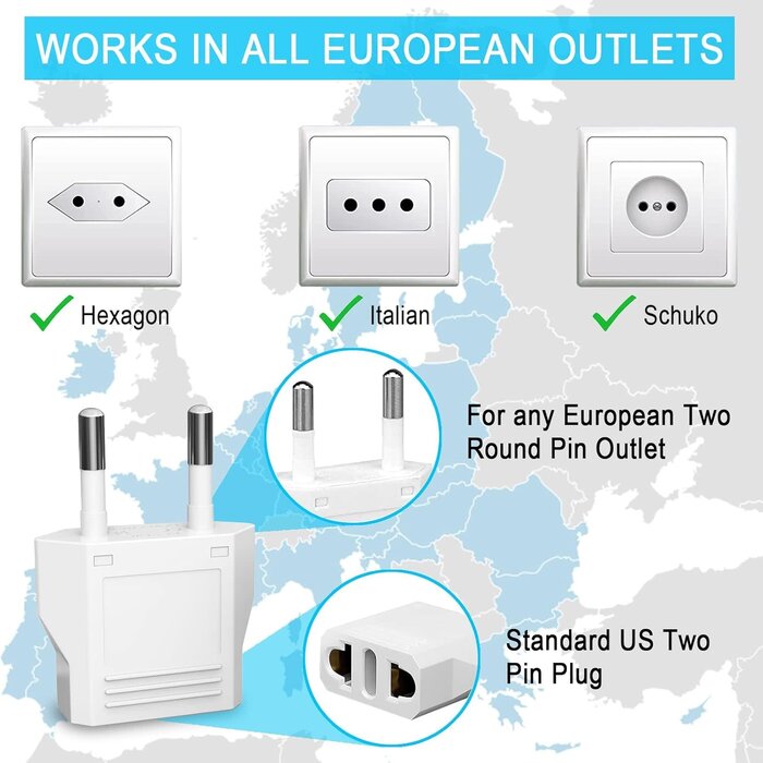 TYPE-C-1 - MIKWOAB US to Europe Plug Adapter, 220V to 110V Type C European Travel Adapter, American to European Plug Adapter for Spain Germany France Italy Israel, White
