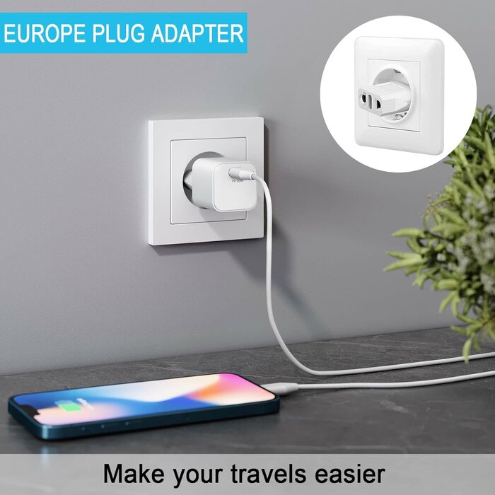 TYPE-C-1 - MIKWOAB US to Europe Plug Adapter, 220V to 110V Type C European Travel Adapter, American to European Plug Adapter for Spain Germany France Italy Israel, White