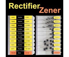 EEEEE 118 Pack Rectifier/Zener Diode Assortment Kit, Rectifier 1N4001 (1A 50V), 1N4004 (1A 400V), 1N4007 (1A 1000V), 1N5404 (3A 400V), 1N5406 (3A 600V), 1N5408 (3A 1000V), 6A10 (6A 1000V), 10A10 (10A 1000V), 20A10 (20A 1000V) Zener 1N5349B (12V 5W)