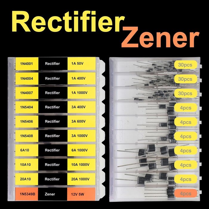 EEEEE 118 Pack Rectifier/Zener Diode Assortment Kit, Rectifier 1N4001 (1A 50V), 1N4004 (1A 400V), 1N4007 (1A 1000V), 1N5404 (3A 400V), 1N5406 (3A 600V), 1N5408 (3A 1000V), 6A10 (6A 1000V), 10A10 (10A 1000V), 20A10 (20A 1000V) Zener 1N5349B (12V 5W)