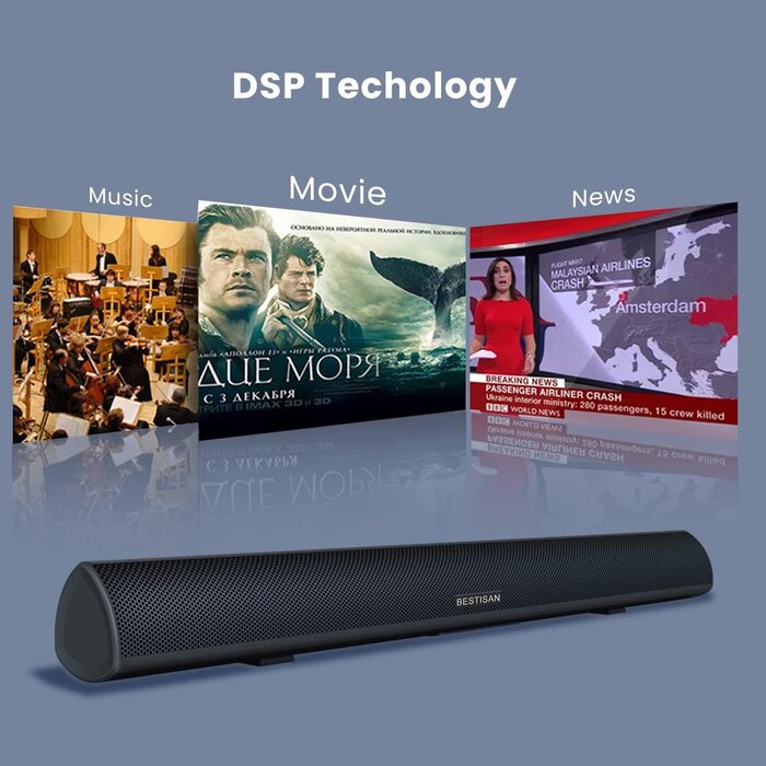 S6520 - BESTISAN Soundbar Wired and Wireless Bluetooth 5.0 HDMI-ARC Speaker for TV (28 Inches, HDMI-ARC Connection, Optical Cable Included, DSP, Bass Adjustable, Wall Mountable)