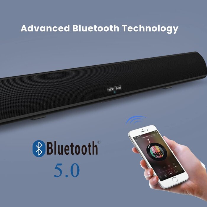 S6520 - BESTISAN Soundbar Wired and Wireless Bluetooth 5.0 HDMI-ARC Speaker for TV (28 Inches, HDMI-ARC Connection, Optical Cable Included, DSP, Bass Adjustable, Wall Mountable)