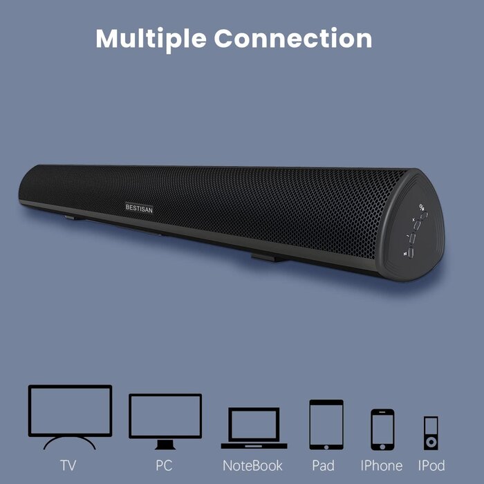 S6520 - BESTISAN Soundbar Wired and Wireless Bluetooth 5.0 HDMI-ARC Speaker for TV (28 Inches, HDMI-ARC Connection, Optical Cable Included, DSP, Bass Adjustable, Wall Mountable)