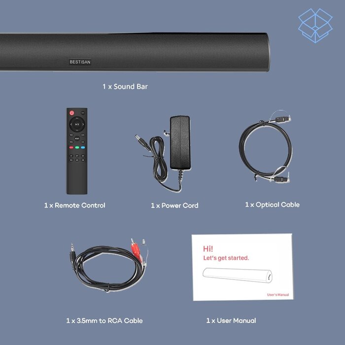 S6520 - BESTISAN Soundbar Wired and Wireless Bluetooth 5.0 HDMI-ARC Speaker for TV (28 Inches, HDMI-ARC Connection, Optical Cable Included, DSP, Bass Adjustable, Wall Mountable)