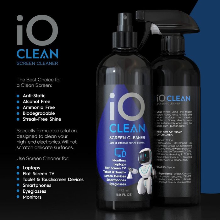 SCRN-SPRAY-16OZ - iO Clean Screen Cleaner Spray (16oz - 473ml) – Best Large Cleaning Kit for LCD LED OLED TV, Smartphone, iPad, Laptop, Touchscreen, Computer Monitor, Electronic Devices, Microfiber Cloth Wipes and 2 Nozzles