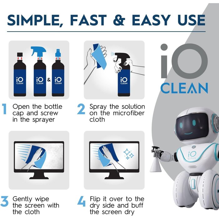 SCRN-SPRAY-16OZ - iO Clean Screen Cleaner Spray (16oz - 473ml) – Best Large Cleaning Kit for LCD LED OLED TV, Smartphone, iPad, Laptop, Touchscreen, Computer Monitor, Electronic Devices, Microfiber Cloth Wipes and 2 Nozzles