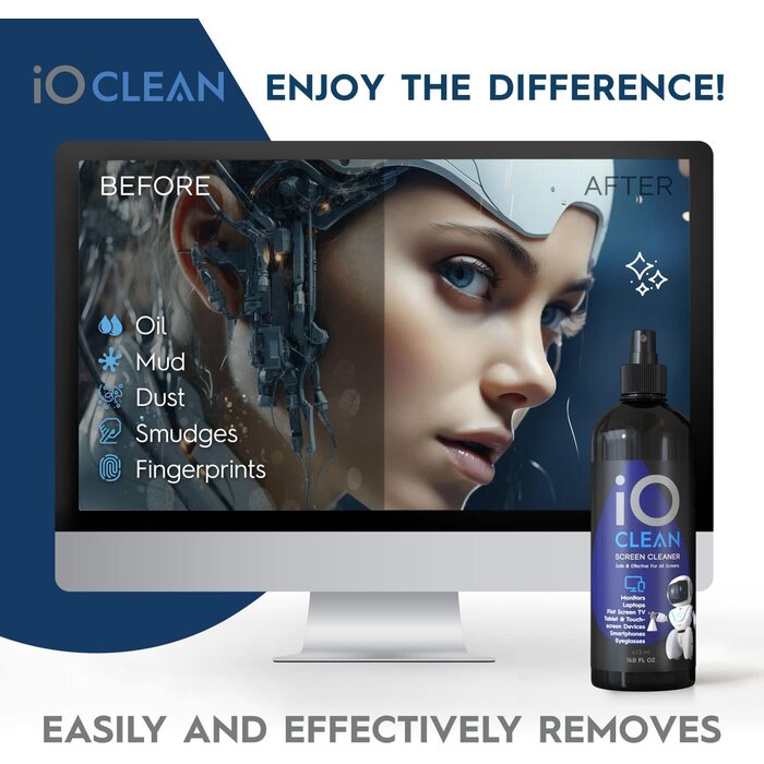 SCRN-SPRAY-16OZ - iO Clean Screen Cleaner Spray (16oz - 473ml) – Best Large Cleaning Kit for LCD LED OLED TV, Smartphone, iPad, Laptop, Touchscreen, Computer Monitor, Electronic Devices, Microfiber Cloth Wipes and 2 Nozzles