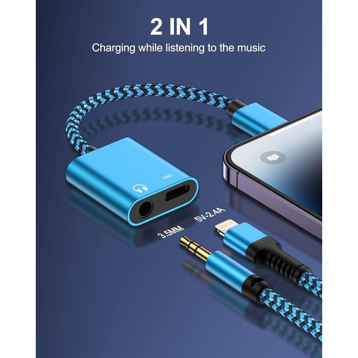 LIGHT-AUX-CHARGE - iPhone Headphone Adapter with Charge 2-in-1 Lightning to 3.5mm Female Aux Audio Jack Dual Converter Mfi Certified Apple Dongle Splitter + Charger Adaptor for iPhone 14 Pro Max 13 12 11 XR XS iPad Mini
